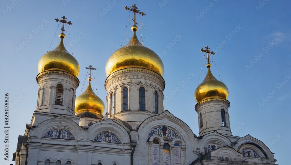 Church domes adorned with golden accents gleam brightly against a clear blue sky, showcasing intricate architectural details and historical significance during morning hours Church domes adorned with golden accents gleam brightly against a clear blue sky, showcasing intricate architectural details and historical significance during morning hours