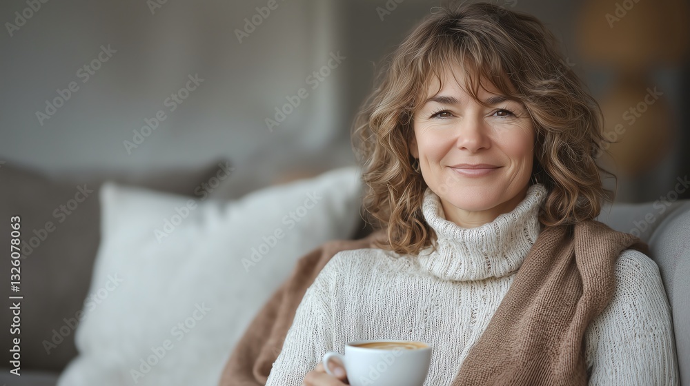Middle-aged woman enjoying a cup of coffee while relaxing on a cozy minimalist sofa, embracing self-care, relaxation, and peaceful moments. Middle-aged woman enjoying a cup of coffee while relaxing on a cozy minimalist sofa, embracing self-care, relaxation, and peaceful moments.