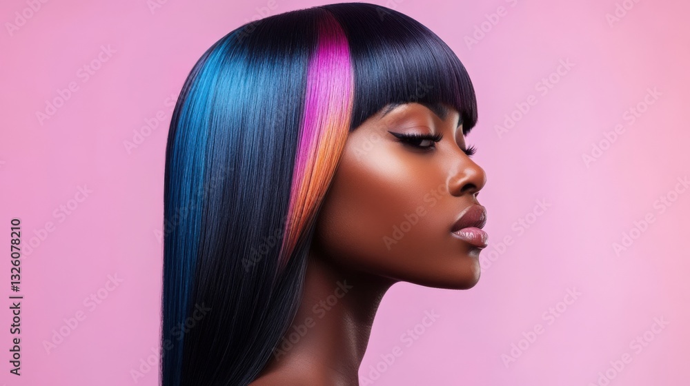 Woman displays vibrant multicolored hair streaks Woman displays vibrant multicolored hair streaks