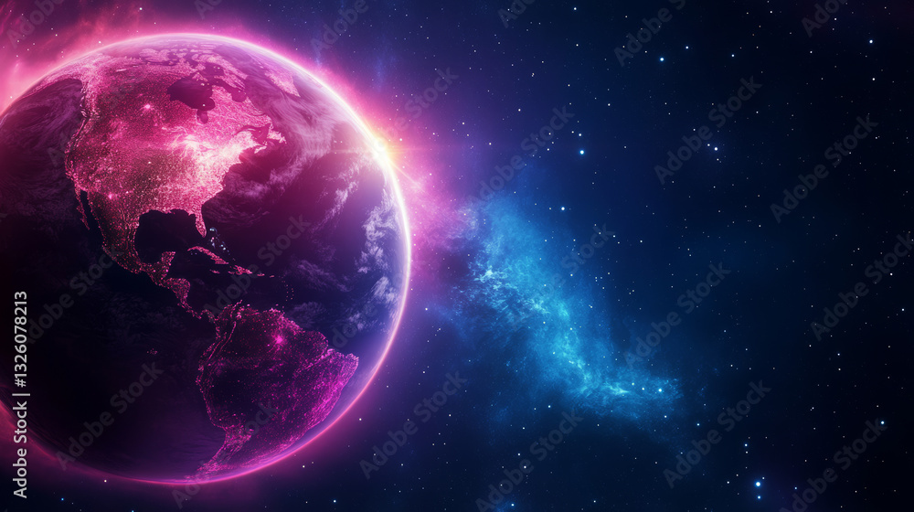 Fototapeta premium Glowing Earth with digital network connections, futuristic technology, illuminated continents, and neon light effects in outer space