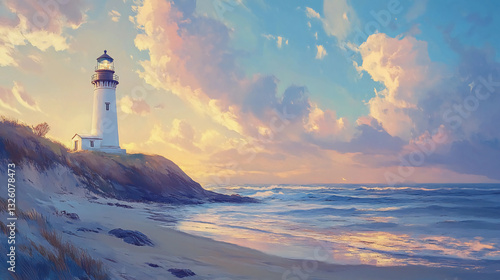 A painting of a lighthouse on a beach