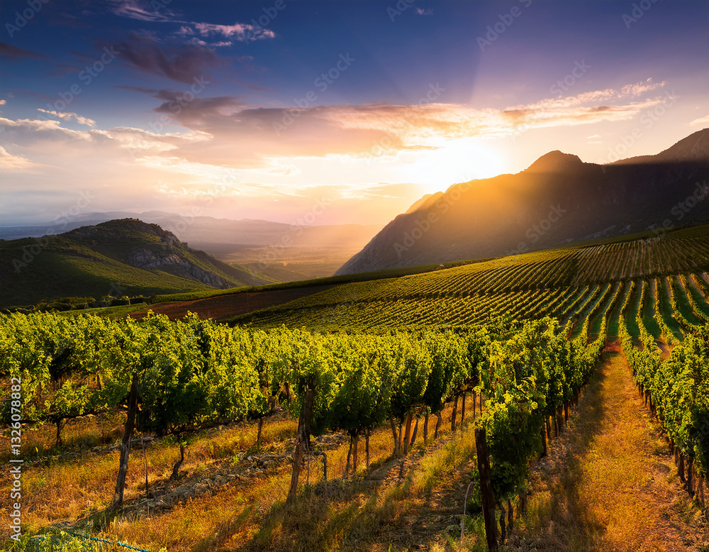 Fototapeta premium vineyard with mountains at sunset
