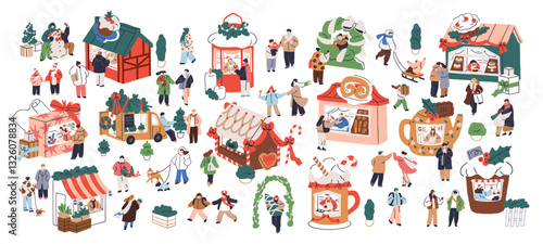 Christmas market. Festive winter fair with tiny people walking on street, shopping at stalls, kiosks, booths with traditional holiday decorations. Flat vector illustration isolated on white background