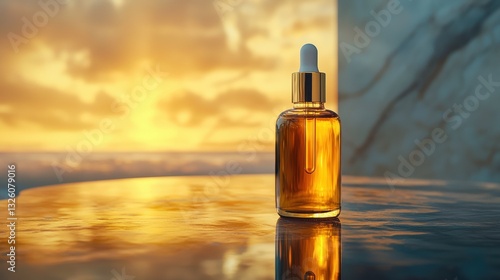 A beauty oil bottle placed on a reflective glass surface, with soft lighting highlighting its sleek packaging and rich golden liquid inside.