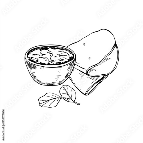Folded cornmeal tortilla with avocado guacamole sauce bowl and oregano sprig line ink illustration in black and white. Mexican traditional snack monochrome graphic sketch. For menu design