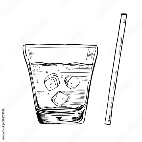 Cold drink with ice in glass and drinking straw vector isolated illustration painted by black inks. Lemonade, mojito cocktail, tequila beverage or whiskey graphic sketch. Beverage for bar menu