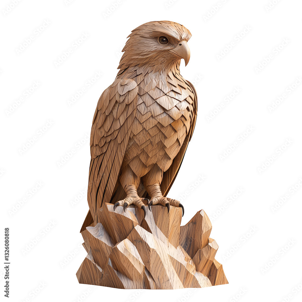 Fototapeta premium Charming 3D Wood Sculpture of a Majestic Eagle Featuring Low Polygon Design and Intricate Details in Natural Finish