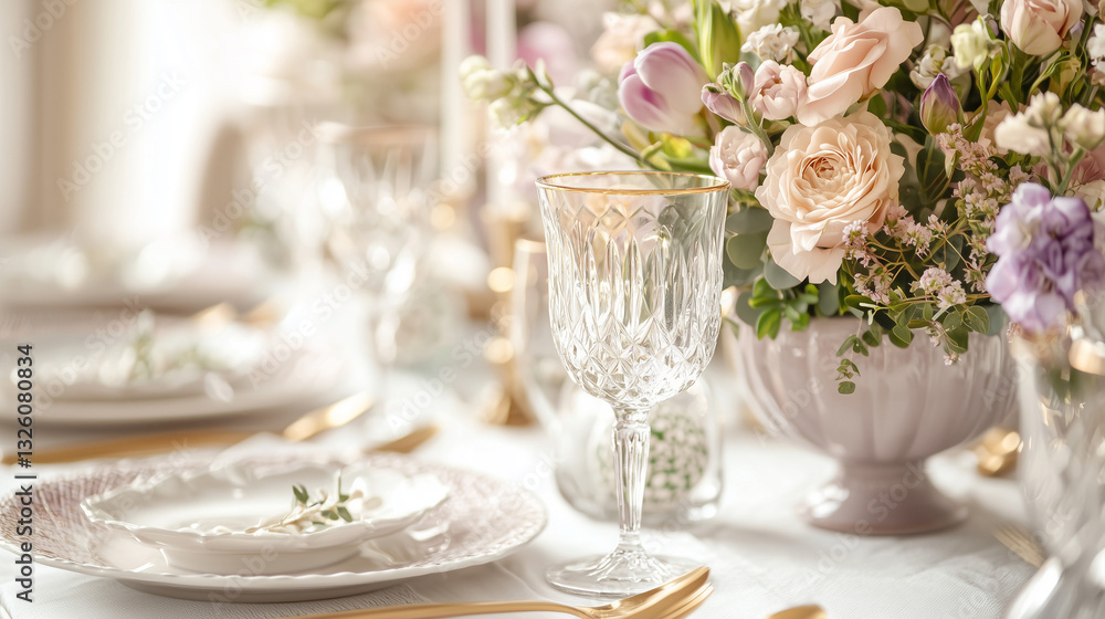 Elegant Easter brunch setup featuring crystal glasses, gleaming gold cutlery, and a soft pastel floral centerpiece. A refined table setting perfect for a festive celebration Elegant Easter brunch setup featuring crystal glasses, gleaming gold cutlery, and a soft pastel floral centerpiece. A refined table setting perfect for a festive celebration