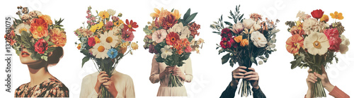 Surreal portraits with faces hidden behind vibrant floral bouquets isolated on transparent background