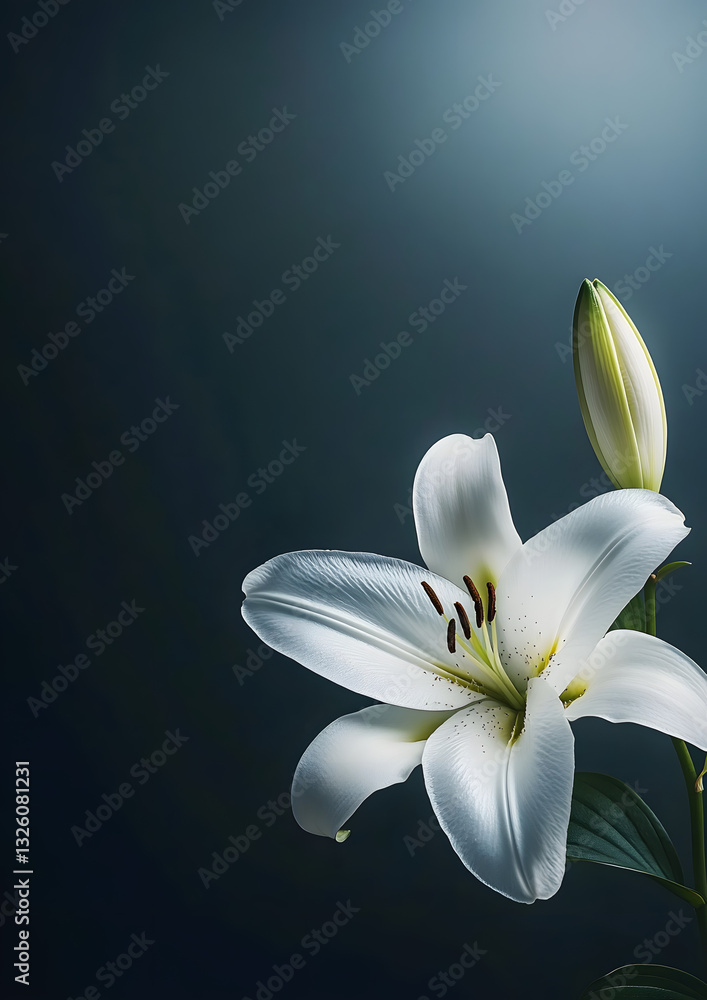 Funeral or obituary template with white lily, dark background and plenty of copy space Funeral or obituary template with white lily, dark background and plenty of copy space