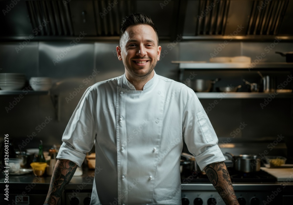 Fototapeta premium Smiling chef in a professional kitchen, showcasing culinary expertise