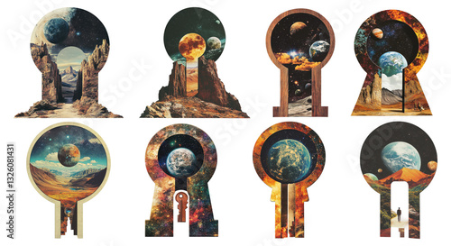 Collection of keyholes revealing surreal cosmic landscapes isolated on transparent background