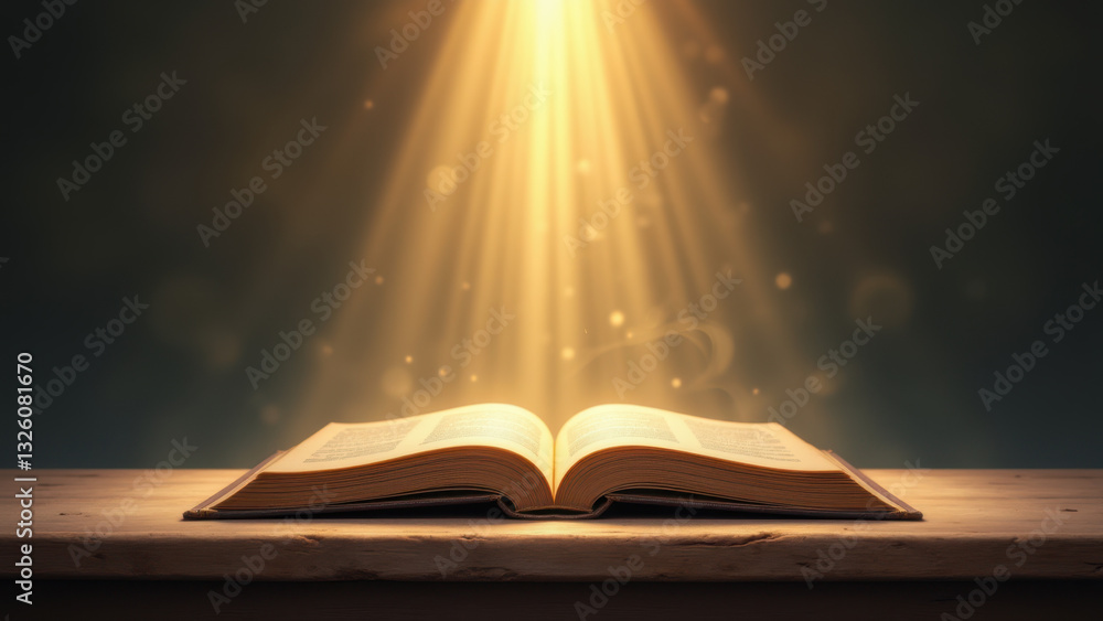 Open Bible with golden rays shining down on its pages. Open Bible with golden rays shining down on its pages.