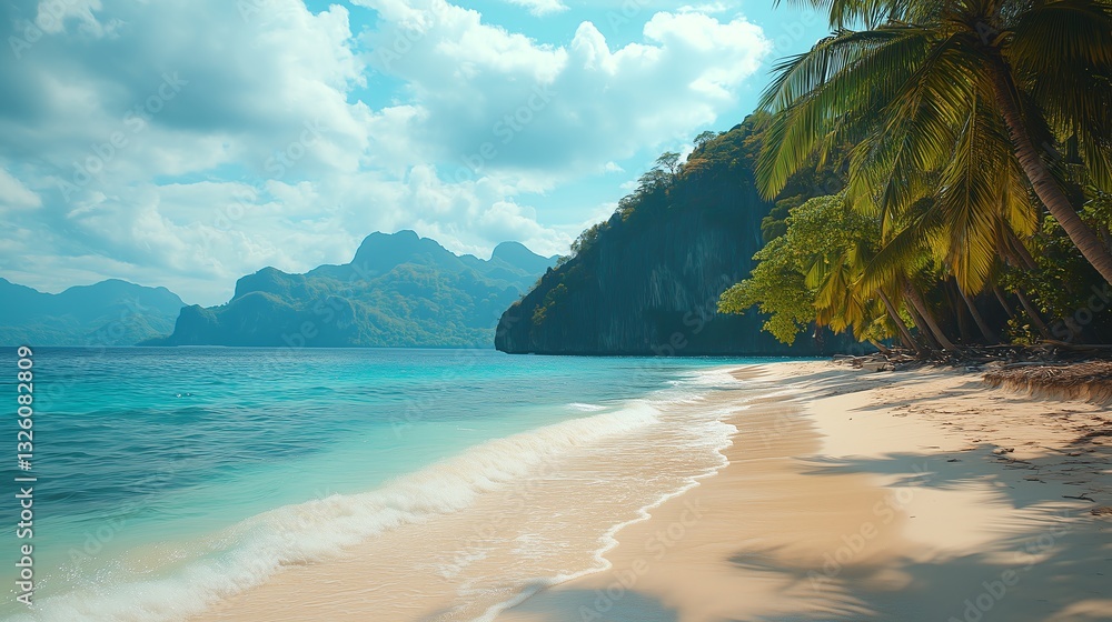 Fototapeta premium Tropical beach with palm trees in the Philippines, minimalistic composition featuring vibrant blue sky and lush green scenery