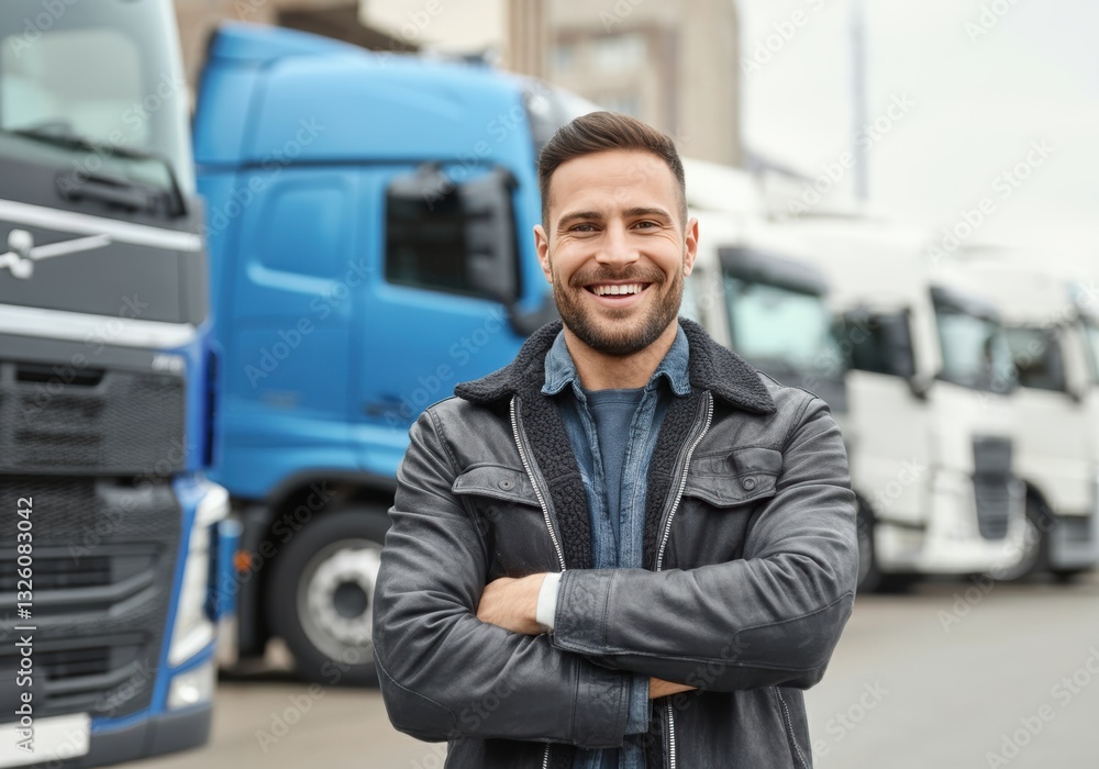 Smiling man standing confidently in front of trucks at a transport yard Smiling man standing confidently in front of trucks at a transport yard