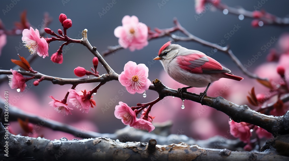 Pink Blossom Bird: Rain for Spring, Asian Garden. Pink Blossom Bird: Rain for Spring, Asian Garden.