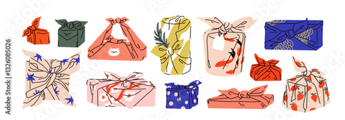 Furoshiki wrapping set. Gifts wrapped in eco fabric, cloth package. Presents in reusable cotton, linen textile tied with knots. Zero-waste traditional Japanese packings. Flat vector illustration