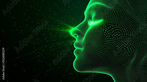 Futuristic digital portrait of a glowing green female face with flowing energy waves, AI technology concept, cybernetic aesthetics, and neon light effects.
