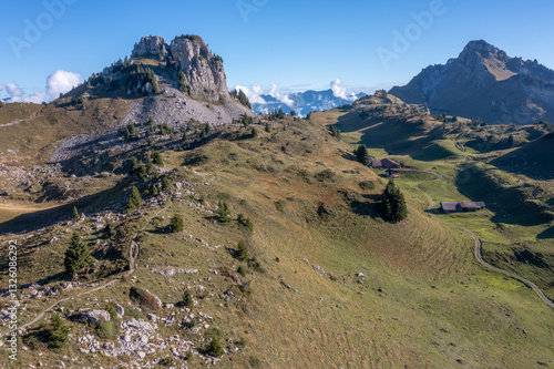 Aerial view of the Schynige Platte, Switzerland, High Mountain Area. Beautiful hiking area near Gündlischwand and Lauterbrunnen