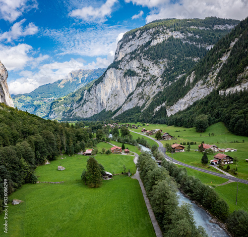 Scenic Aerial View of Lauterbrunnen Valley, Switzerland – Idyllic Alpine Village with River and Majestic Mountains