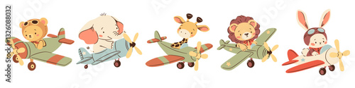 A set of flat vector illustrations in a simple children's style. Cute animals flying on airplanes. Bear elephant lion cub giraffe and hare pilots . Vector illustration