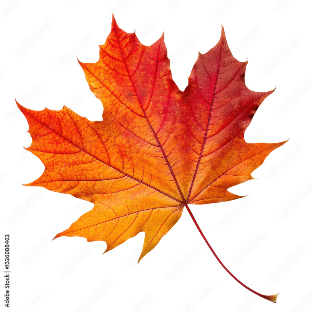 A vibrant orange and red maple leaf showcasing intricate vein patterns and autumn hues. A vibrant orange and red maple leaf showcasing intricate vein patterns and autumn hues.