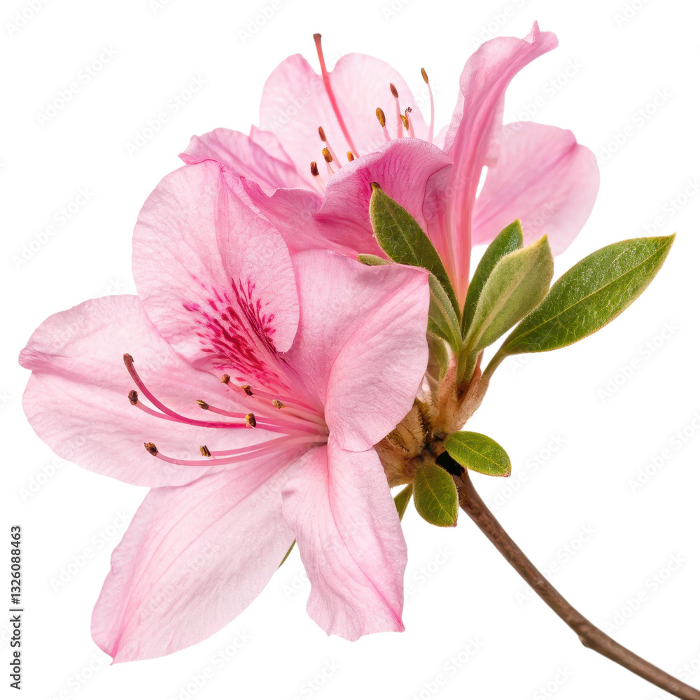 A delicate pink azalea flower in full bloom, showcasing intricate petals and vibrant green leaves against a dark background.