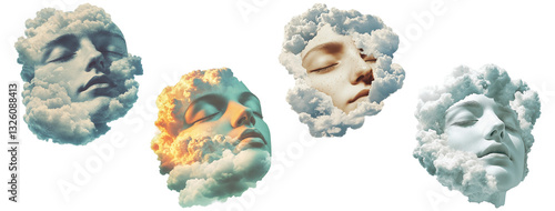 Collection of floating faces emerging from clouds in a surreal dreamlike aesthetic, isolated on transparent background