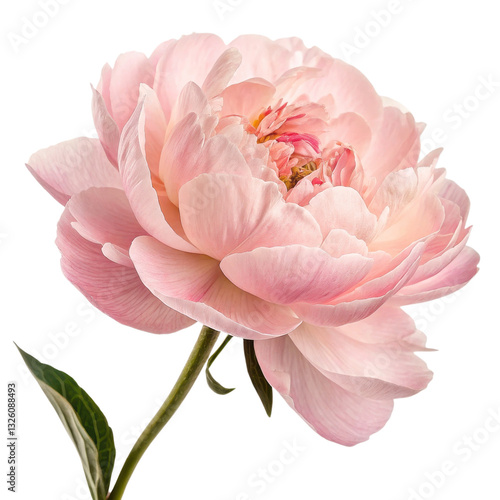 A soft pink peony flower with delicate petals and a lush green stem.