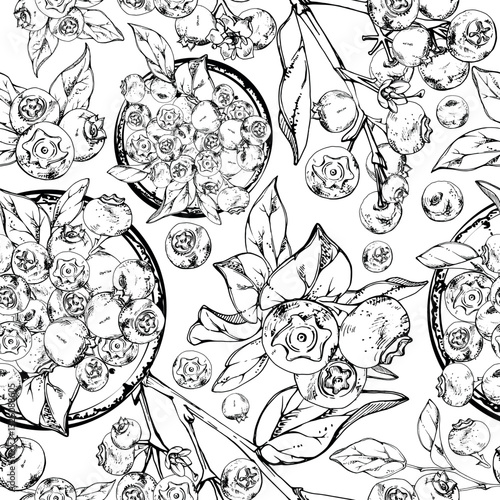 Blueberry blackberry heap on ceramic plate, plant leaves on branches hand drawn in ink vector, ripe sketch forest berry. Seamless pattern isolated illustration. Scrapbooking, decoupage, gift bag paper
