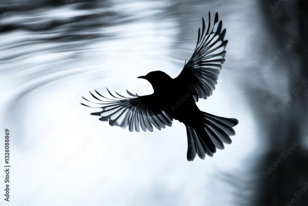Fototapeta premium Black bird in flight with wings spread against blurred background