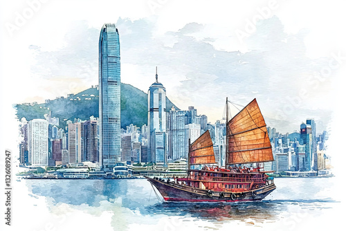 A watercolor depiction of a traditional junk boat sailing near Hong Kong's skyline, blending modern architecture with cultural heritage.