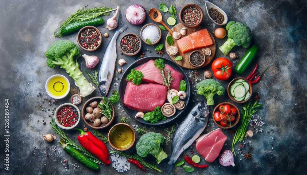 Top view of assorted raw meat, fish, vegetables, herbs Top view of assorted raw meat, fish, vegetables, herbs