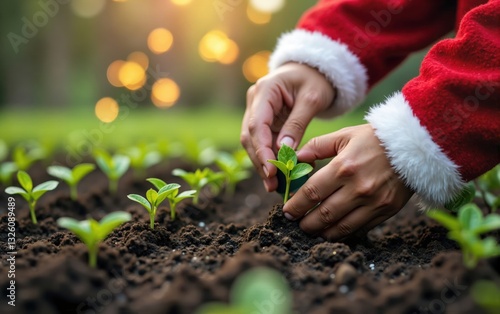Santa Claus Planting Seedling in Soil
