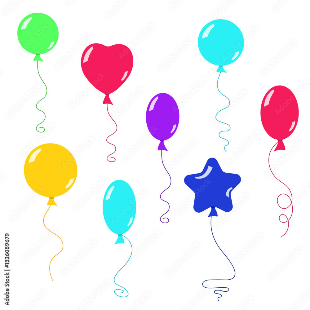 Set of different colored balloons on a white background. Cartoon vector illustration for party decoration, stickers, children's entertainment. Set of different colored balloons on a white background. Cartoon vector illustration for party decoration, stickers, children's entertainment.