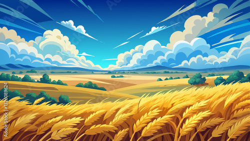 Wide landscape view of a golden wheat field under a vibrant blue sky with large, fluffy clouds scattered across the horizon.