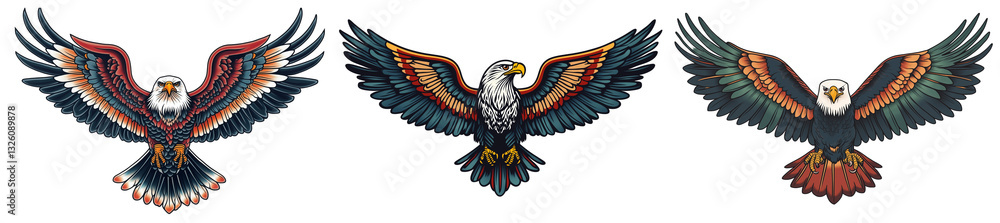 Fototapeta premium Set of a traditional American tattoo-style eagle with spread wings, isolated on a transparent background.