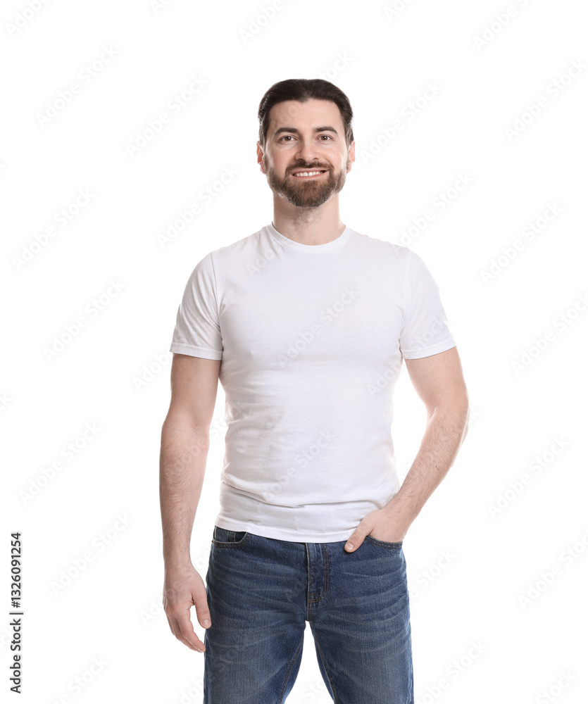 Man wearing blank t-shirt on white background. Mockup for design Man wearing blank t-shirt on white background. Mockup for design