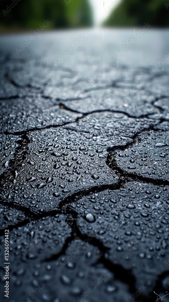 Obraz premium Rainy wet road landscape with puddles reflecting surroundings in a gloomy atmospheric setting