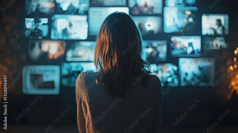 A person watches multiple screens displaying various images, creating a visually engaging and possibly overwhelming experience. A person watches multiple screens displaying various images, creating a visually engaging and possibly overwhelming experience.