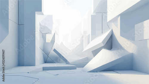 The image depicts a 3D rendering of an abstract architectural space composed entirely of various white geometric shapes.  These forms, primarily rectangular prisms and triangular wedges, are