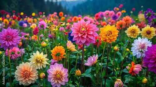 Colorful dahlia flower garden in full bloom, canby oregon landscape