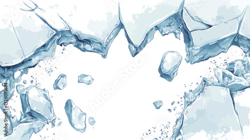 A close-up digital illustration depicting a cracked and broken surface of ice.  The ice is predominantly light blue and white, with varying shades and translucence.  The cracks are irregular and