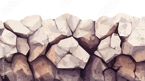 A digital illustration depicting a seamless texture of a stone wall. The image shows an arrangement of irregularly shaped stones in shades of grey, brown, and beige.  The stones are closely packed