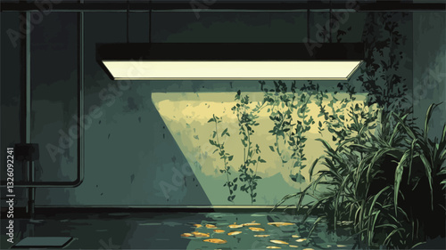 The image is a digital illustration depicting an underwater scene within a seemingly abandoned or industrial setting. The scene is dominated by muted greens and yellows.  A long, rectangular