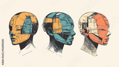 The image features three stylized illustrations of human heads in profile view. Each head is depicted as being partially mechanical, with internal components visible, suggesting a robotic or