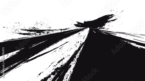 The image is an abstract composition in black and white.  It features a predominantly black central form that resembles a bird or a shape in motion, radiating outwards towards the edges of the