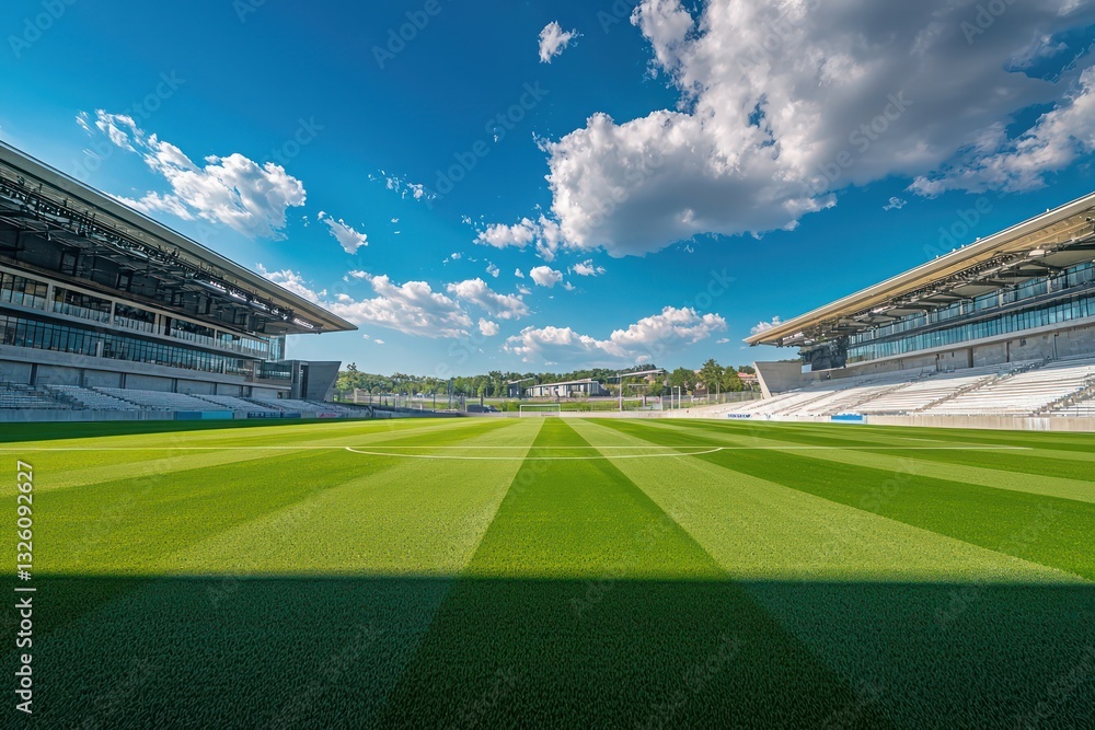 Fototapeta premium Empty football stadium with vibrant green field and blue sky.