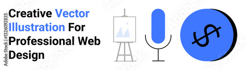 Microphone, canvas easel, and dollar sign icon emphasize creativity, design, communication, and profitability. Ideal for creatives, marketing, branding education communication tools innovation
