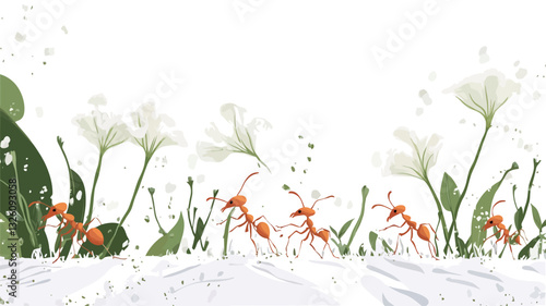 Close-up illustration depicting a group of orange ants moving amongst stylized white flowers and green leaves against a white background.  The style is illustrative, with a focus on vibrant colors